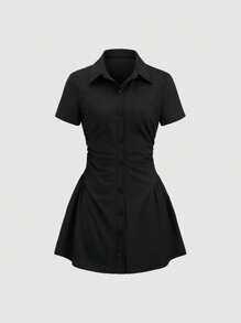 Sweetra Waistline Shirt Dress, Casual Sexy Mini Female Fashion - Black - View 1