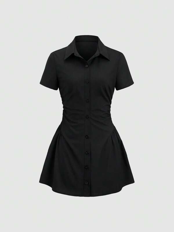 Sweetra Vestido camisero ajustable a la cintura, moda femenina casual y sexy de mini longitud