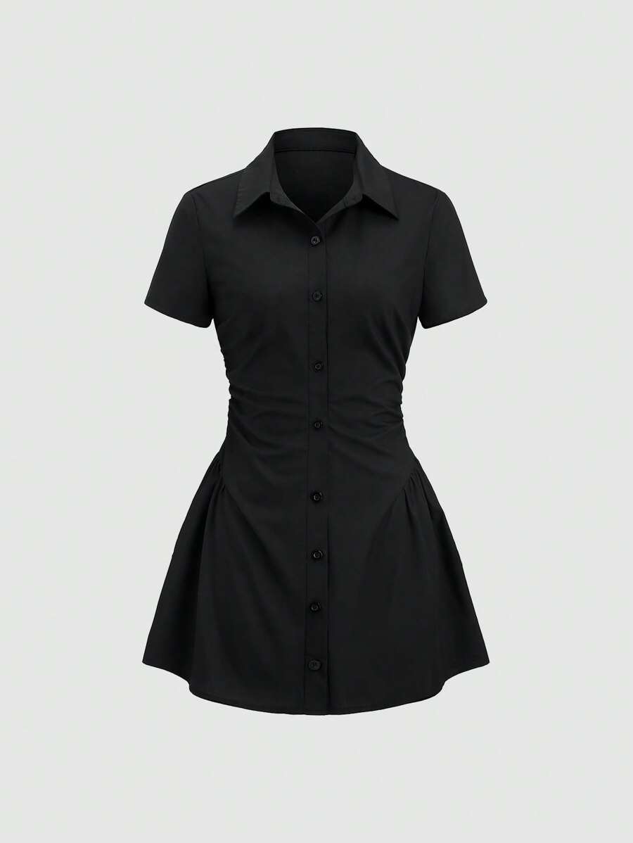 Sweetra Waistline Shirt Dress, Casual Sexy Mini Female Fashion - Black - View 1
