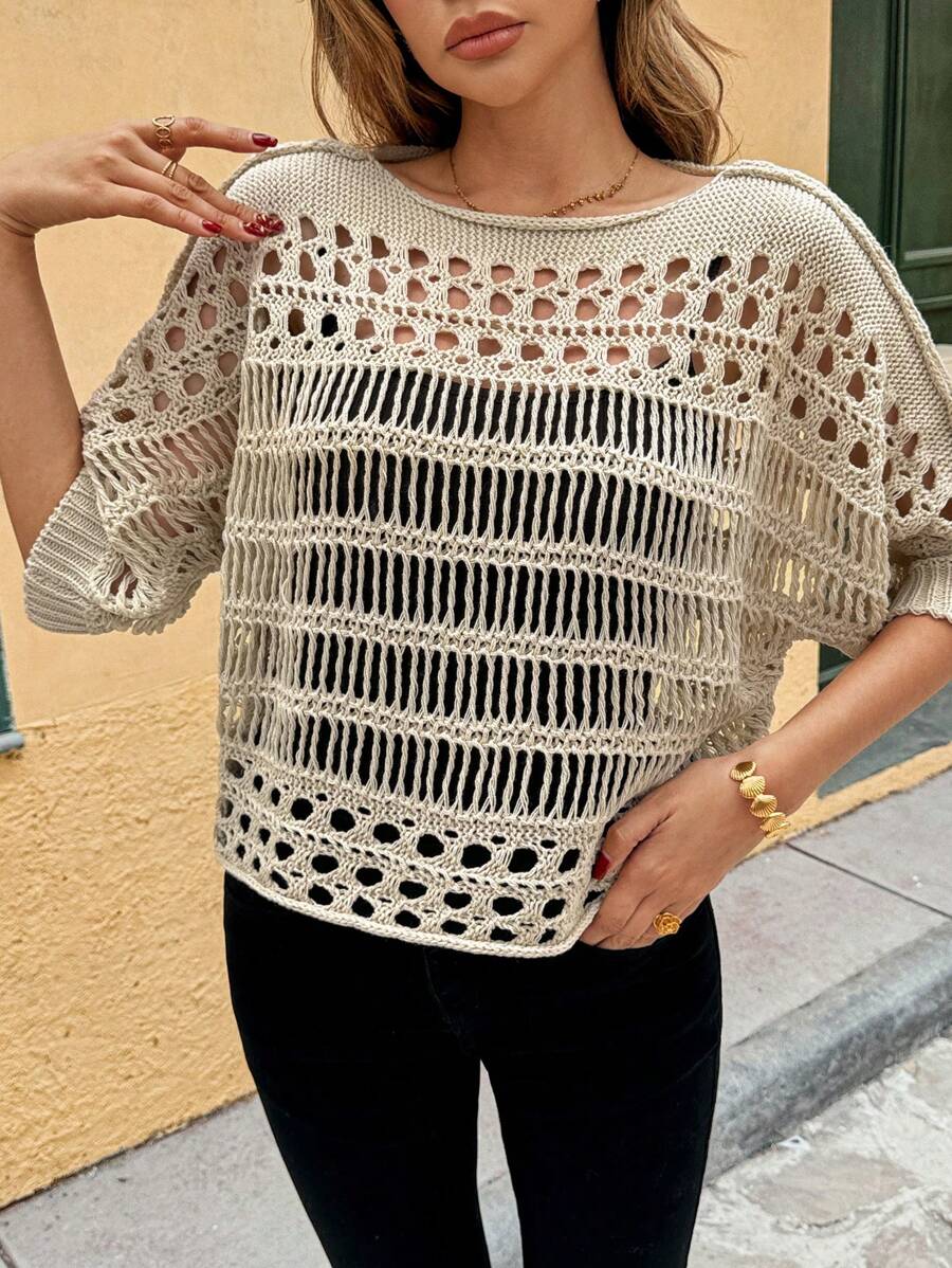 SHEIN LUNE Áo chui đầu dệt kim cổ tròn tay ngắn khoét rỗng thời trang xuân/hè, đa năng và trẻ trung - Màu be - Xem 1