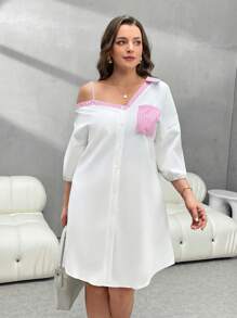 SHEIN Essnce Váy mini tay ngắn kẻ sọc bất đối xứng cỡ lớn - Hồng - Xem 6