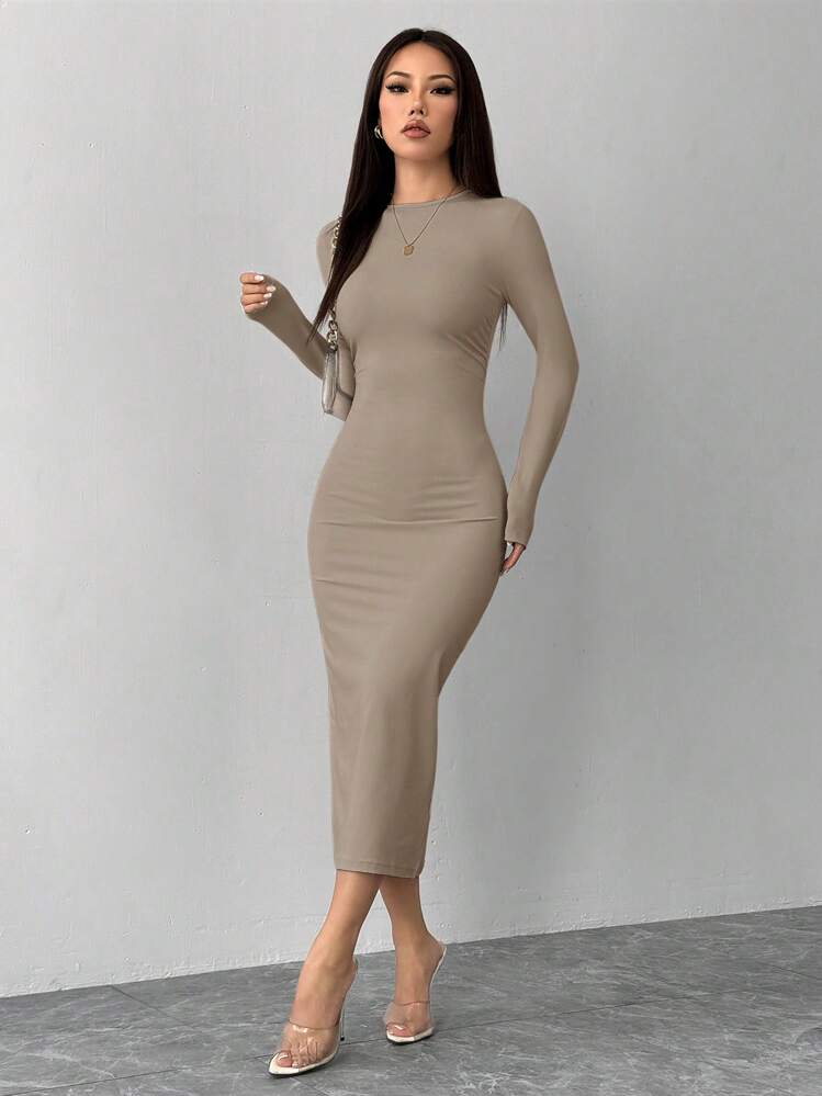 shein long sleeve dress Modely Women's Solid Color Simple Daily Party | Dress Petite Women Navy Blue Casual Long Sleeve Knitted Fabric Plain Bodycon High Stretch Spring Women Clothing SHEIN Pink Floral Long Sleeve