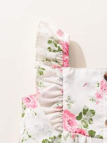 SHEIN Floral Print Ruffled Collar Sleeveless Romper For Baby Girls Toddler, Suitable For Spring/Summer Outings, Vacation And Daily Wear