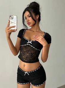 Aloruh Camiseta corta de manga corta con lazo y encaje, top de moda para conciertos, vacaciones y primavera, top corto de estilo occidental, top lindo para mujer Y2K, top para festivales de música - Negro - Ver 5
