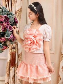 SHEIN Tween Girls 2pcs Set, Short Sleeve Textured Puff Sleeve Crop Top & Handcrafted Textured Floral Mini Skirt, Perfect For Outing, Party, Birthday - Multicolor - View 3