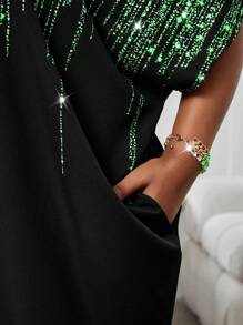 Fleurora Spring And Summer Autumn And Winter Elegant Party Commuting Office Colorful Woven Notched Ball Gown Short Sleeve Kaftan Dress Plus Size Dresses - Green - View 8