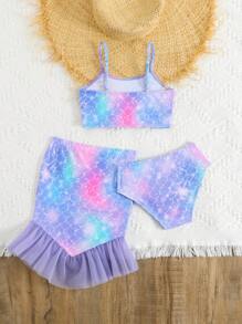 Young Girl Minimalist Fashion Summer Swimwear Set Including Swimwear, Swim Shorts, Coverup And Skirt - Purple - View 2