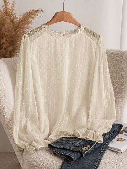 CosyJoli 大码女式撞色蕾丝长袖宽松时尚优雅衬衫