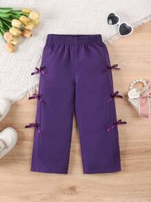 SHEIN Pantalones casuales deportivos de pierna ancha y cintura alta con lazo para niñas, pantalones de chándal livianos color rosa para primavera y verano