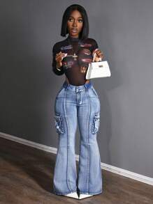 Slaydiva Women's Cargo Pocket Flare Casual Versatile Denim Jeans - Blue - View 6