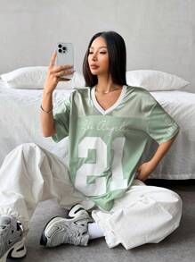 Flirla 夏季美国复古休闲网眼拼布图案数字印花运动衫 T 恤图案 T 恤女式上衣 - 薄荷綠 - 查看 4