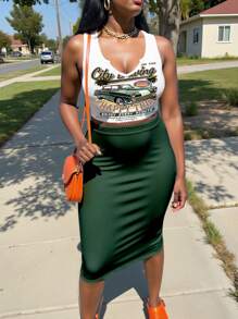 Veslaya 2pcs/Set Casual Retro Car Printed Plus Size Summer Outfit Suitable For Going Out - Dark Green - View 3