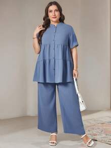 SHEIN Essnce Traje de verano para mujer talla grande, traje de muñeca, traje azul, vestido elegante para mujer, traje casual, atuendos de verano para mujer