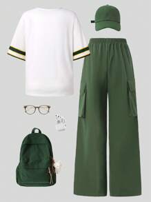 2pcs/Set Casual Letter Print Short Sleeve T-Shirt And Cargo Pants Teen Girl Outfit
