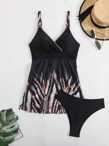 Swim Lushoire Women's Tank Top And String Bikini Two-Piece Set With Patchwork Print For Beachwear For Summer Beach Vacation - Multicolor - View 8