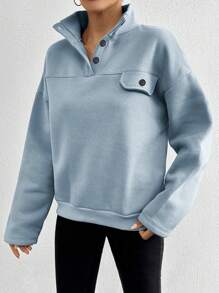 RueChic Cotton Half Button Flap Detail Drop Shoulder Sweatshirt - Baby Blue - View 4