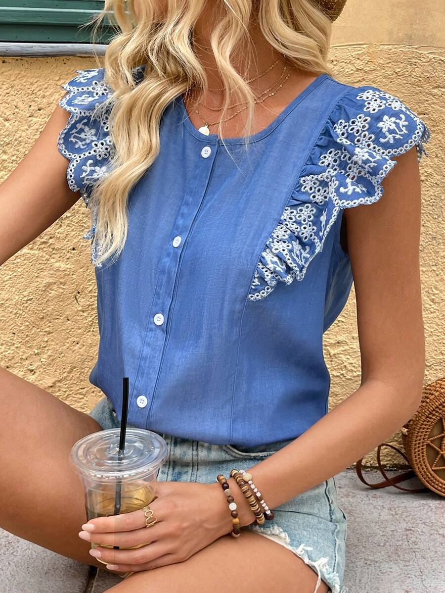 Breezaya 女式法式优雅镂空雕花盖袖牛仔蓝色衬衫 - 藍色 - 查看 1