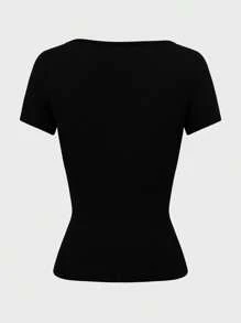 SHEIN Premium Pleated Fitted Solid Color Metal Ring Accent Niche Design Short Sleeve T-Shirt - Black - View 8