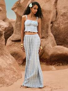 Poéselle Conjunto azul plissado, ideal para praia, com blusa de amarrar e saia plissada. Elegante, perfeito para encontros, férias, casamentos e festivais. Conjunto feminino casual de 2 peças com blusa regata de alças finas e saia. Moda minimalista para o verão. - Cinza - Ver 3