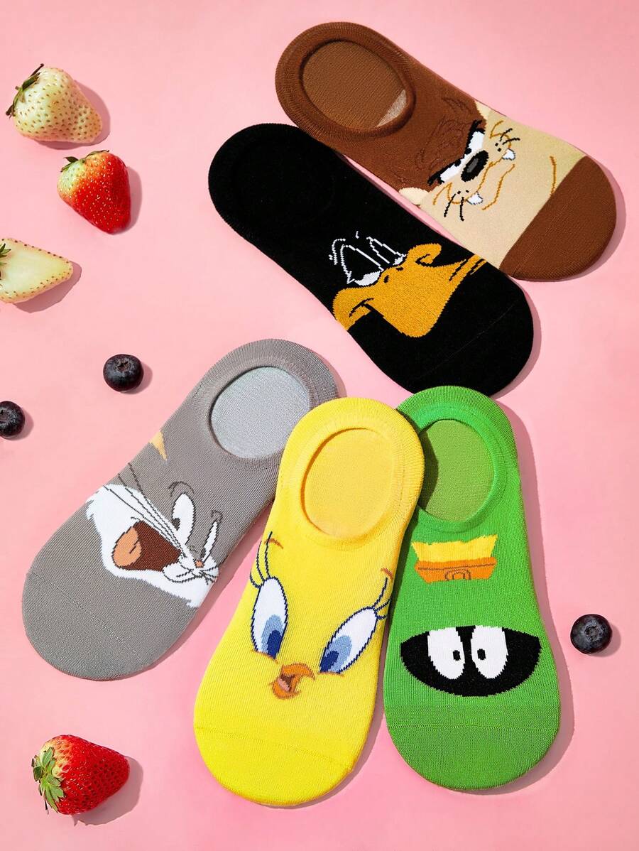 LOONEY TUNES X SHEIN 5双卡通图案透气柔软隐形低帮袜，加固趾跟，多色可选，适合春夏穿着，男女通用 - 彩色 - 查看 1
