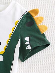 Cozy Pixies 2pcs Baby Boy Cartoon Dinosaur Pattern Knitted Soft Round Neck Short Sleeve Top And Elastic Waist Shorts Set - Multicolor - View 6