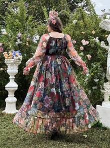 Lyrianda Plus Size Women's Elegant Sweet Ruffle Hem Square Neck Long Dress, Vacation, Spring/Summer