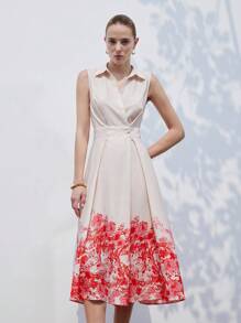 Aveloria Modichic Elegant Chic Commuter Versatile Fashion Top Crossed Waist Button Design Floral Printed Sleeveless Dress For Women