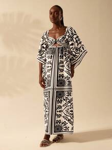 CAJUNI Vestido maxi de manga larga con estampado floral vintage negro y diseño hueco delantero, en estilo vacacional