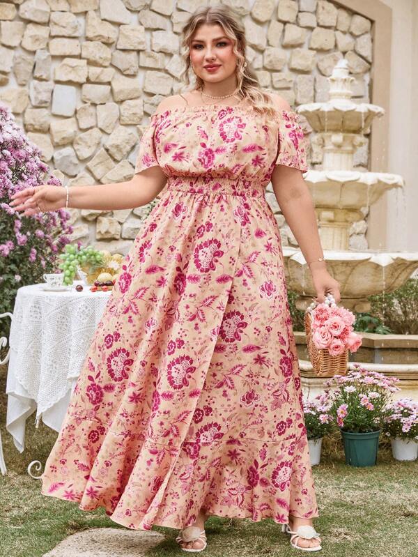 SHEIN VCAY Vestido de manga corta con estampado floral y hombros descubiertos para tallas grandes