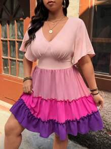 Breezaya Spring/Summer New Plus Size Women Elegant Colorblock V-Neck Short Sleeve A-Line Dress