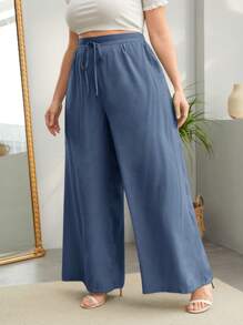 SHEIN LUNE Plus Knot Front Wide Leg Summer Pants - Dusty Blue - View 3
