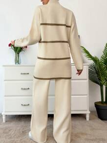 EURMUSE Women Mock Neck Stripe Patter Sweater - Beige - View 3