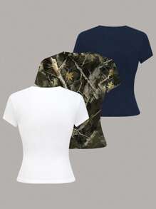 SHEIN LUNE Maglietta casual da donna a girocollo, manica corta, versatile per uso quotidiano