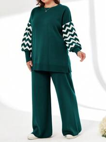 EURMUSE Striped Color Block Sweater And Pants Two-Piece Set - Green - View 4