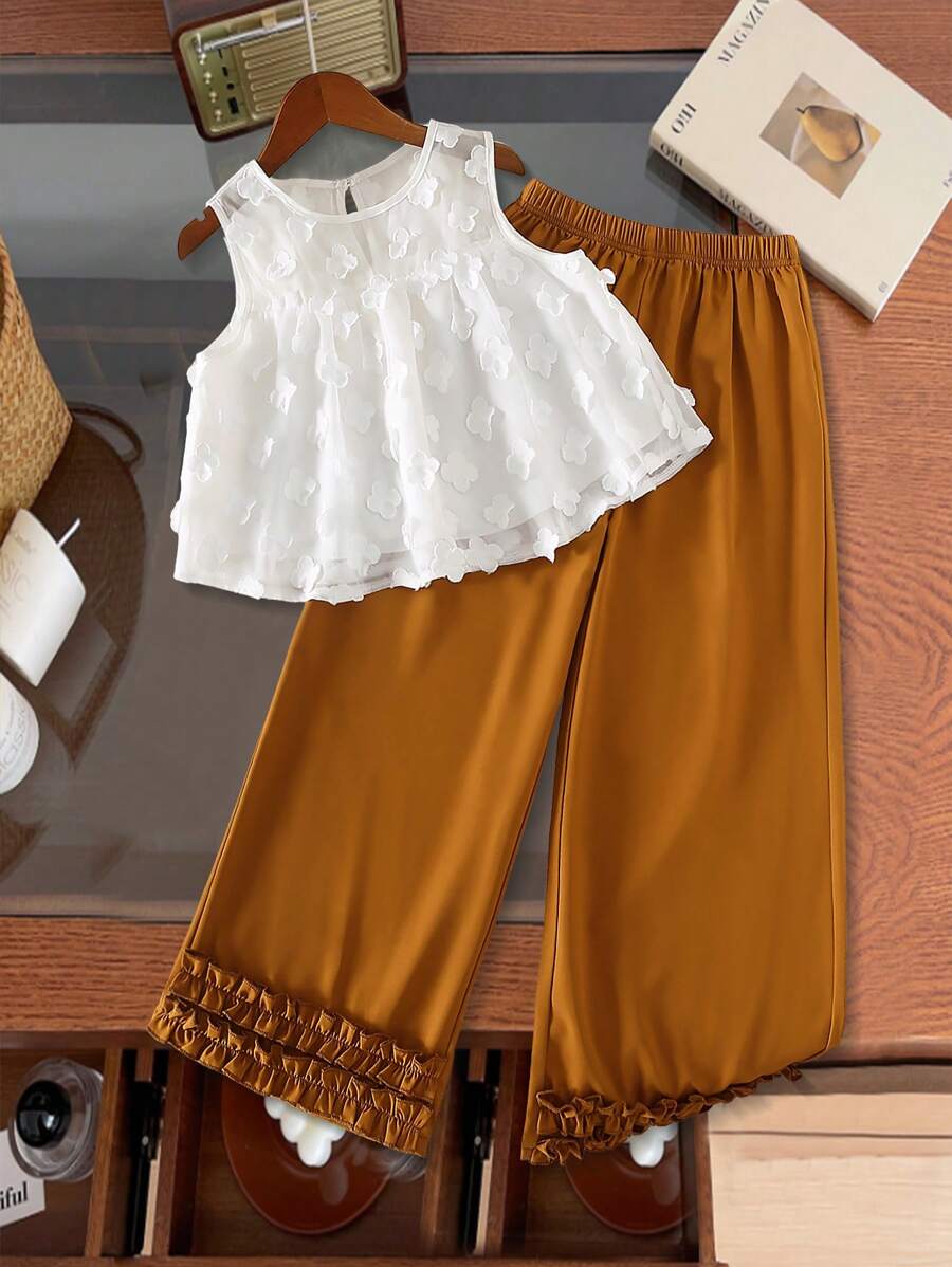 Girls Casual Fashion Round Neck Sleeveless 3D Floral Net Loose Tank Top & Elastic Waist Wide Leg Solid Color Pants Set