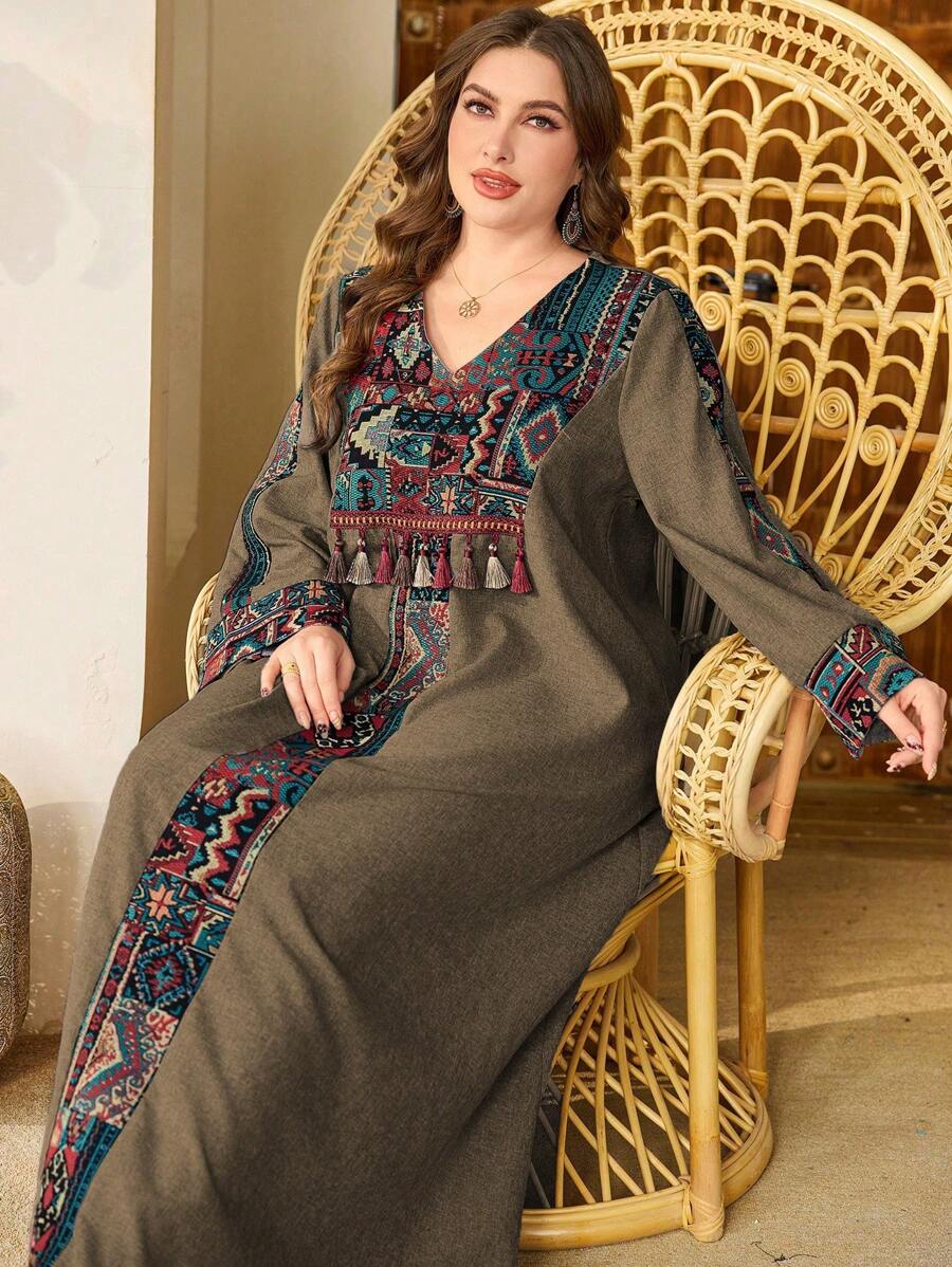 Al Najma Vestido elegante de talla grande para mujer con escote en V, manga de campana, apariencia de lino, estampado de jacquard, volantes en el bajo, de estilo árabe, turco y retro, modesto kaftan