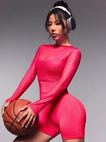 Easithlete Women's Round Neck Mesh Long Sleeve Top And Solid Color Camisole Outdoor Sports Jumpsuit - Hot Pink - View 1