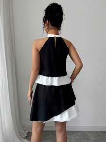 Elenzga 2 件/套标准尺码女式蕾丝挂脖拼接挂脖无袖上衣 + 不对称下摆裙子