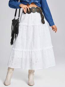 SHEIN LUNE 春夏女士白色刺绣浪漫度假长款多层裙子 - 白色 - 查看 6