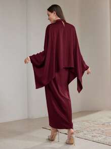 Veilorie Women's Solid Color Stand Collar, Bat Wing Sleeve Pleated Dress, Elegant Modest Burgundy - Burgundy - View 3