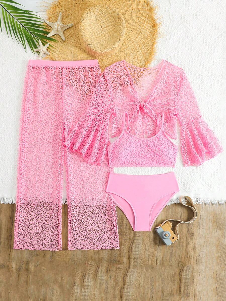 SHEIN Tween Girl 纯色镂空比基尼泳装,带罩衫,海滩度假 - 淺粉色 - 查看 1