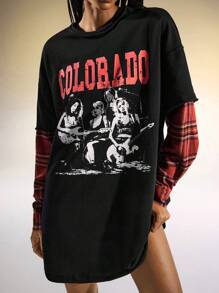 Easelle Camiseta informal de 2 piezas con estampado de figura y letra, suelta y a cuadros