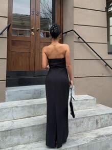 SHEIN EZwear 女士纯色抹胸简约修身优雅连衣裙 - 黑色 - 查看 2