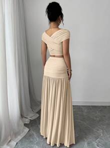 SHEIN Elenzya Women Solid Color Cropped Cross Hem Top & Ruched Skirt Fashion 2pcs Set - Apricot - View 2