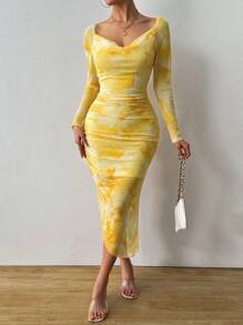 Calvaya Tie Dye Gerimpelde Asymmetrische Zoom Mesh Bodycon Jurk Maxi Dames Outfit