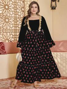 Al Najma Plus Size Elegant Floral Sequins Patchwork Dress - Black - View 1