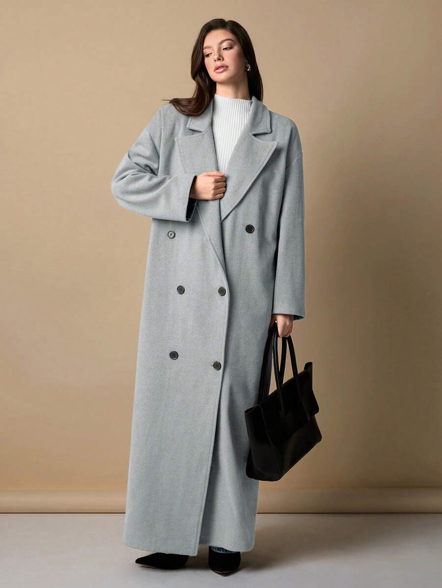 EURMUSE Cappotto casual lungo a doppiopetto con collo a bavero in colore unito, da donna, per l autunno/inverno - Grigio Chiaro - Visualizzare 1