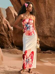 Poéselle 1 pièce Robe longue fourreau femme à imprimé floral, style plage et villégiature - Blanc - Voir 5