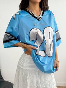 SHEIN EZwear T-shirt de football avec graphiques numérotés pour femmes - Bleu azur - Voir 5