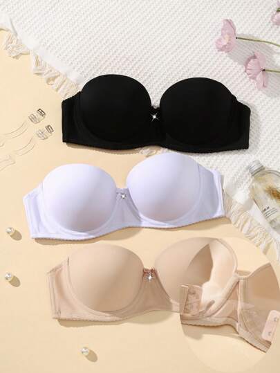 3 件套无肩带光滑钢圈内衣文胸套装，配有可拆卸隐形肩带，性感浪漫